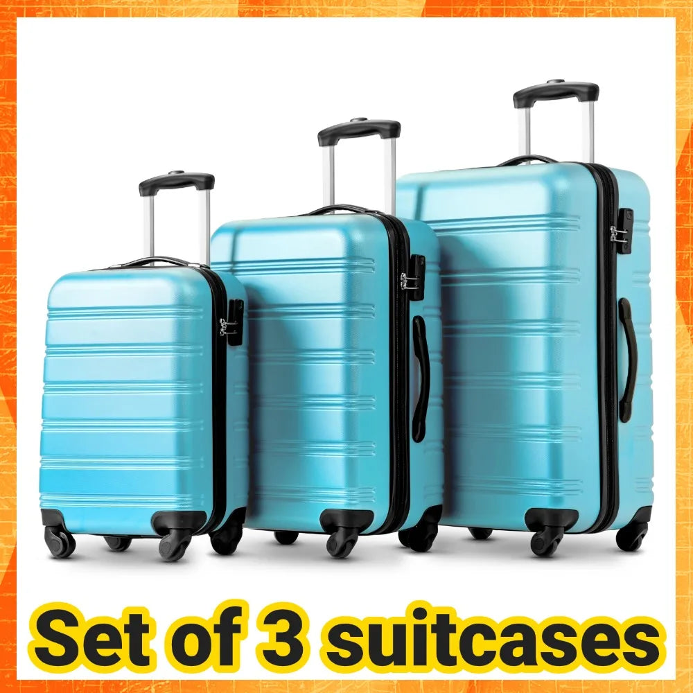 Set of 3 suitcases，expandable hand luggage , hard-shell case, roll case, travel case, , M-L-XL set, ABS material, light blue