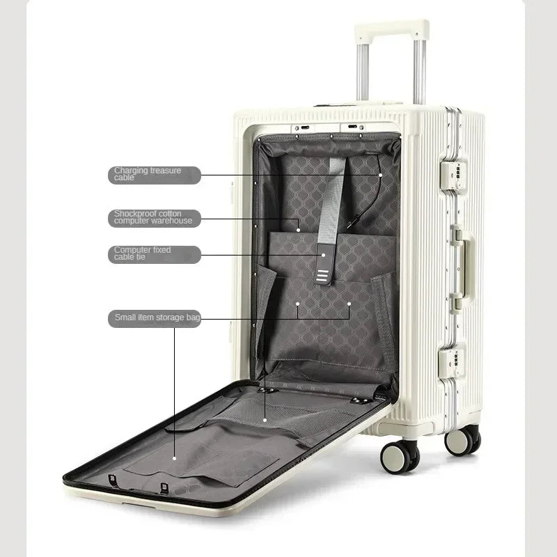 Aluminum Frame Boarding Case Front Opening Laptop Trolley Case Large capacity Suitcase With cup holders Luggage on Wheels