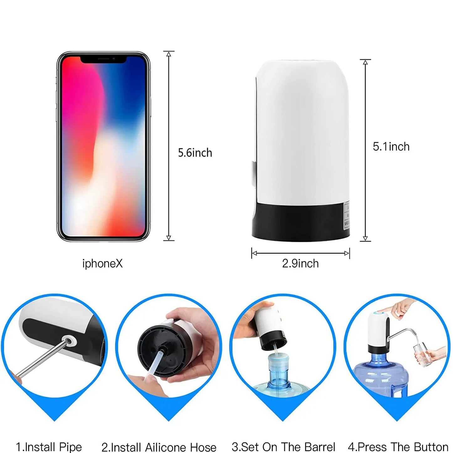 1pcWhite/Black Water Bottle Pump USB Charging Auto Switch Drinking Dispenser Charging One Click Auto Switch Drink Pump Dispenser