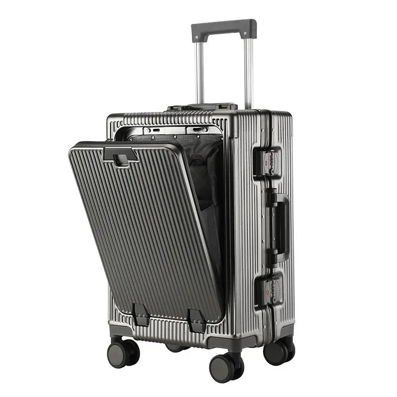 Aluminum Frame Boarding Case Front Opening Laptop Trolley Case Large capacity Suitcase With cup holders Luggage on Wheels