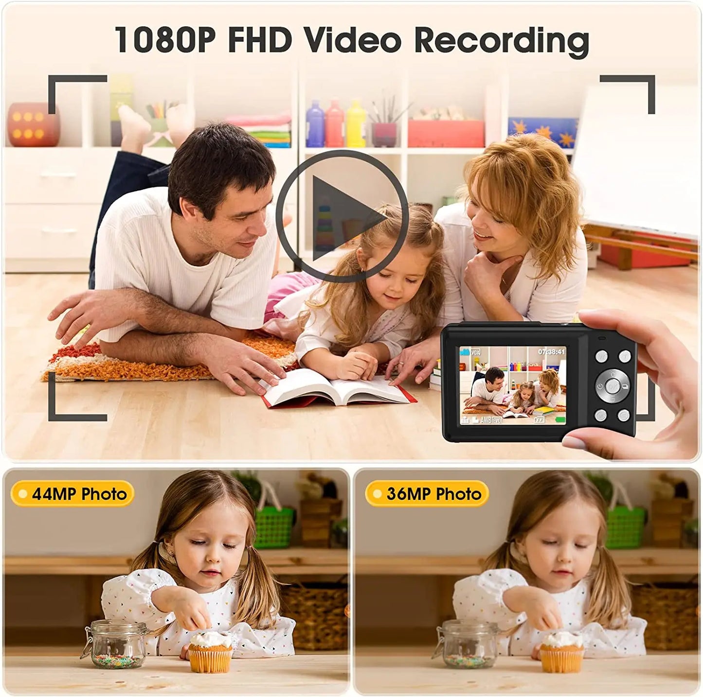 HD 1080P 2.4 inch digital Camera Rechargeable Cameras with 16x Zoom Compact Camera 44MP Cameras for kids Beginner Camera