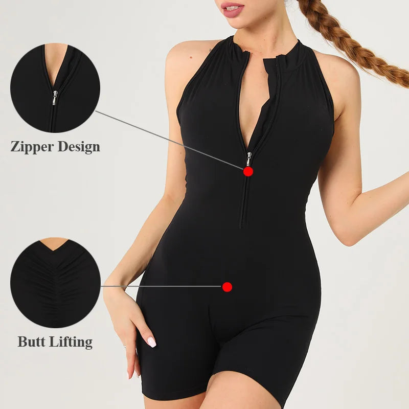 Scrunch Gym Jumpsuit Women's Fitness Suit Short Sets Sports Overalls for Woman Tracksuit Yoga Clothing Zipper Workout Sportswear