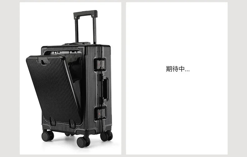 Aluminum Frame Boarding Case Front Opening Laptop Trolley Case Large capacity Suitcase With cup holders Luggage on Wheels