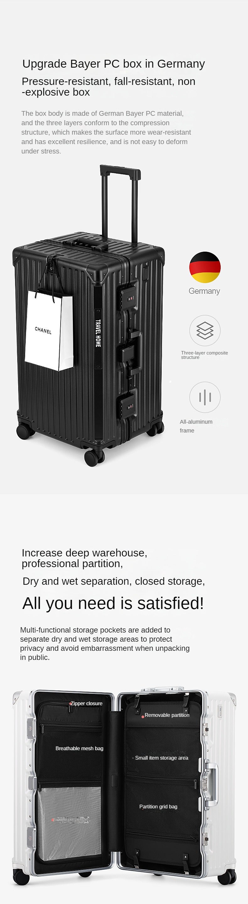 Over-sized Multi-Functional Travel Suitcases Large Capacity Luggage Aluminum Frame plus-Sized Universal Wheel Case Boarding Bag