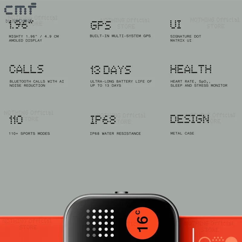 Global Version CMF by Nothing Watch Pro 1.96" AMOLED Bluetooth 5.3 BT Calls with AI Noise Reduction GPS Smartwatch CMF watch Pro