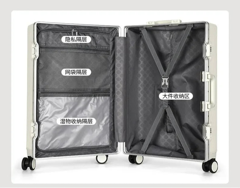 Aluminum Frame Boarding Case Front Opening Laptop Trolley Case Large capacity Suitcase With cup holders Luggage on Wheels