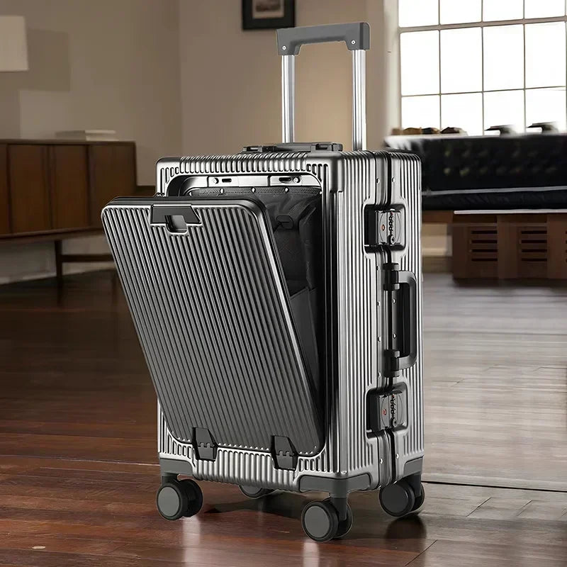 Aluminum Frame Boarding Case Front Opening Laptop Trolley Case Large capacity Suitcase With cup holders Luggage on Wheels