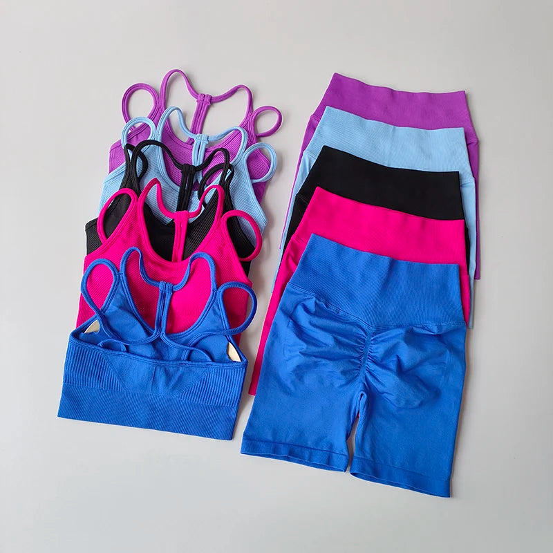 Peach High Waist Hip Lifting Sports Set Gathering Shockproof Quick Dried Yoga Clothes Running 3/4 Pants Fitness Two Piece Set