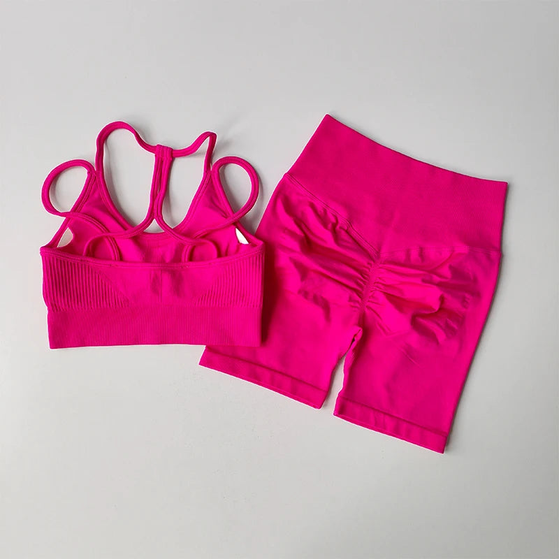 Peach High Waist Hip Lifting Sports Set Gathering Shockproof Quick Dried Yoga Clothes Running 3/4 Pants Fitness Two Piece Set