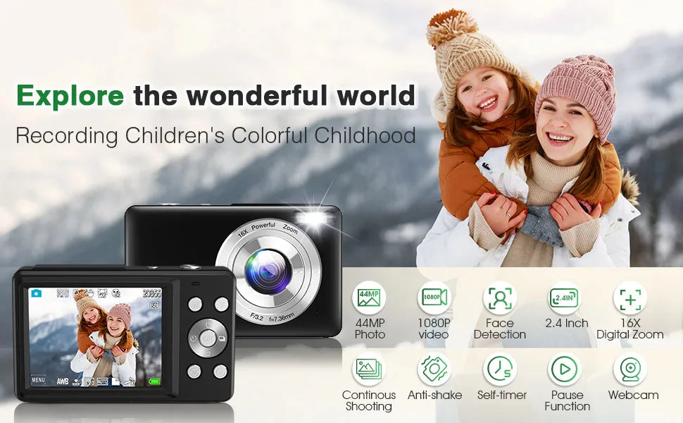 HD 1080P 2.4 inch digital Camera Rechargeable Cameras with 16x Zoom Compact Camera 44MP Cameras for kids Beginner Camera