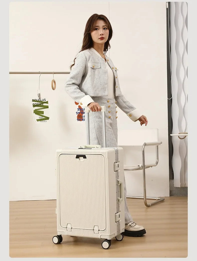 Aluminum Frame Boarding Case Front Opening Laptop Trolley Case Large capacity Suitcase With cup holders Luggage on Wheels