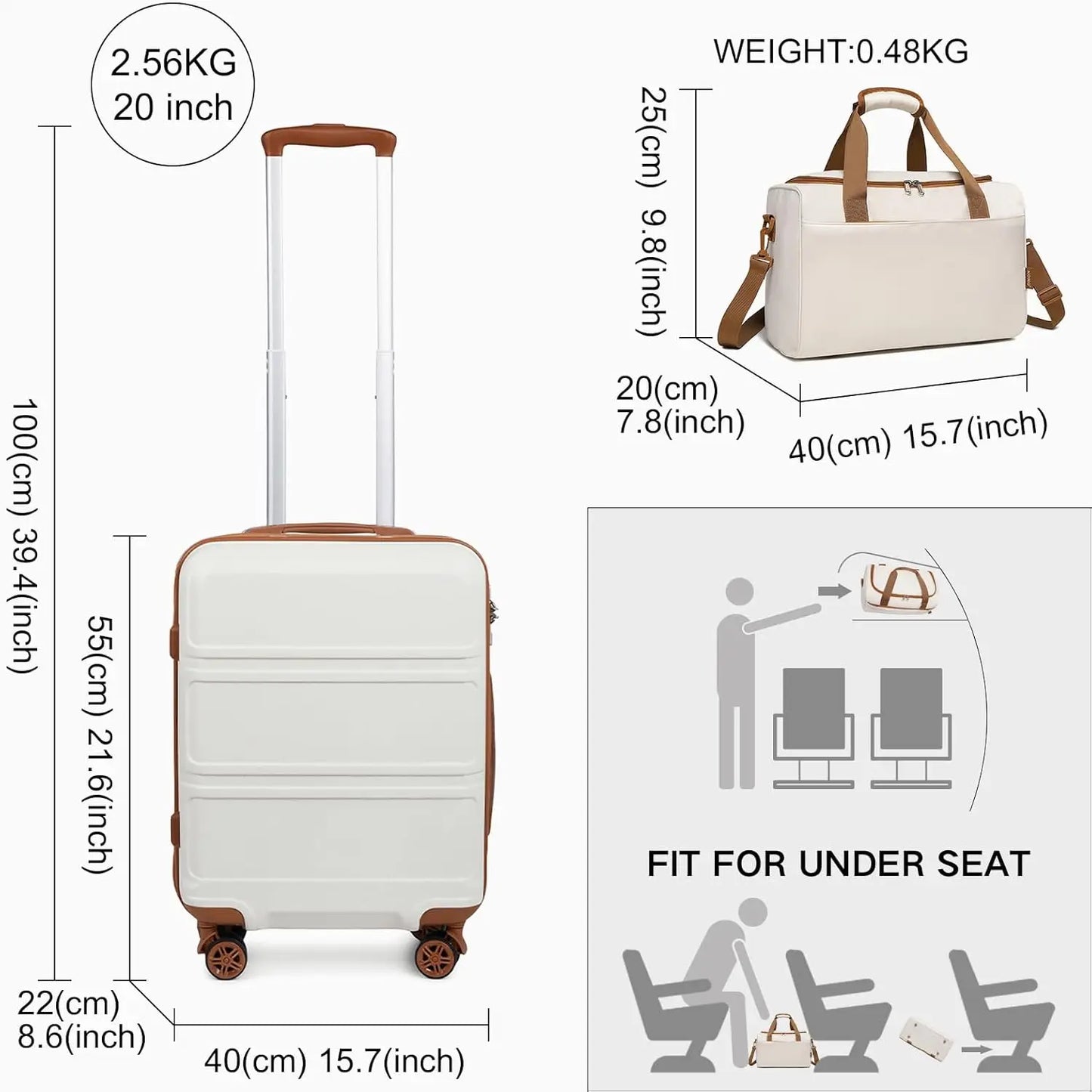 KONO hand luggage Trolley Set 2 Piece Suitcase with Rolls & Ryanair travel bag 40x20x25cm Compact Cases Set for Air Travel