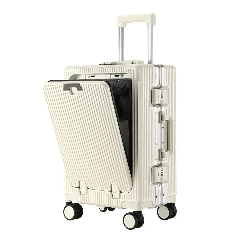 Aluminum Frame Boarding Case Front Opening Laptop Trolley Case Large capacity Suitcase With cup holders Luggage on Wheels