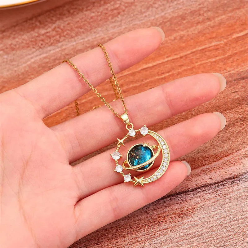 Luxury Inlaid Zircon Planet Moon Pendant Necklace For Women Titanium Steel Butterfly Water Drop Clavicle Chain Charm Jewelry